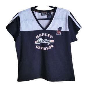 Rare 2006 Black & White Harley Davidson Racing Short Sleeve V-Neck Top Size XL